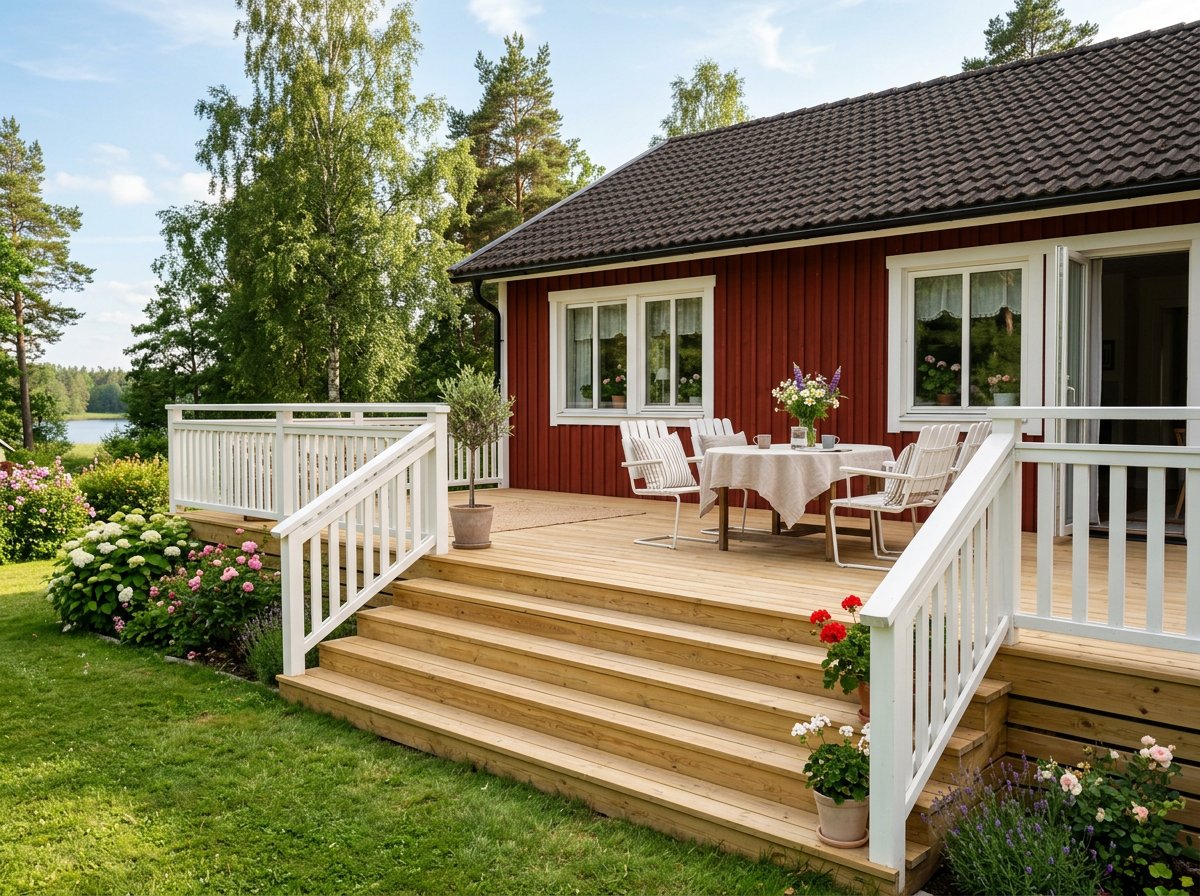 Nybyggd altan med bred trappa och vitt räcke vid villa