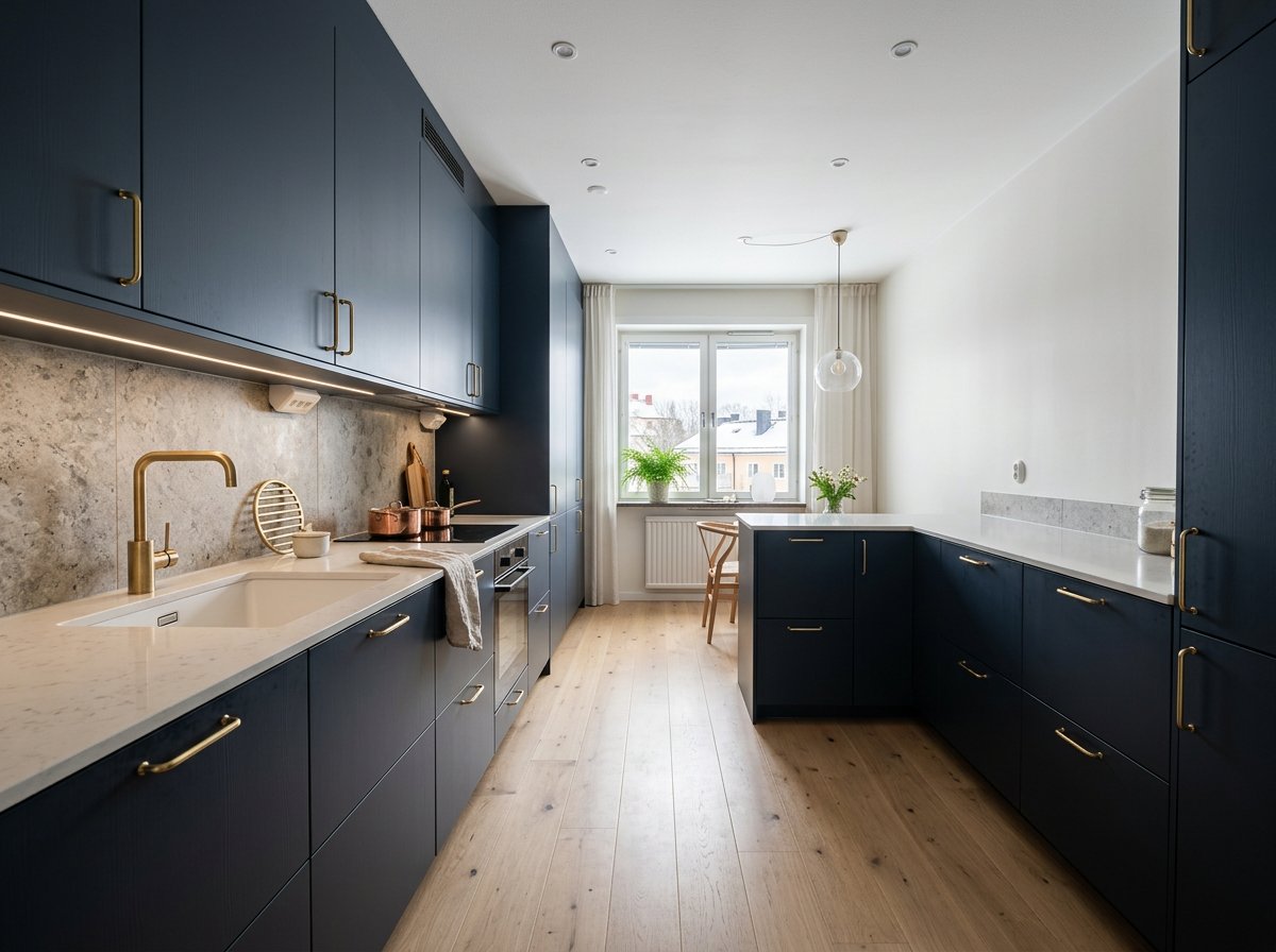 Köket efter renoveringen med mörkblå luckor