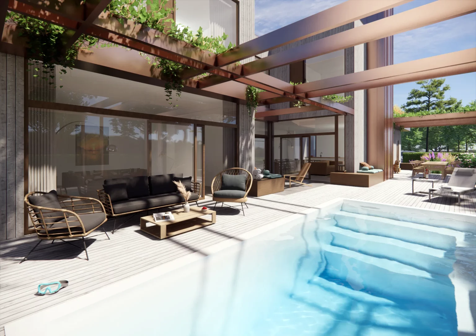 Poolområde vid den arkitektritade villan