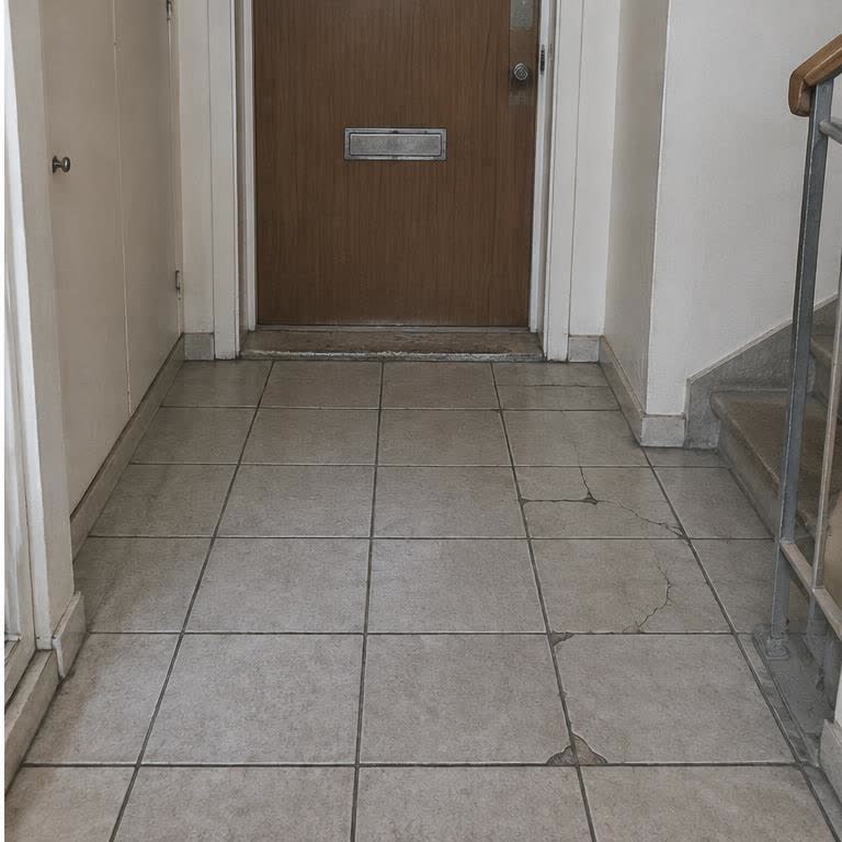 Sprucken klinker i hall före renovering